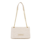 Lieblingstasche Ocarina flap bag in cream woven material with gold chain strap and Valentino logo.