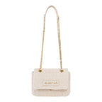 Lieblingstasche Ocarina flap bag in cream woven material with gold chain strap and leather trim.