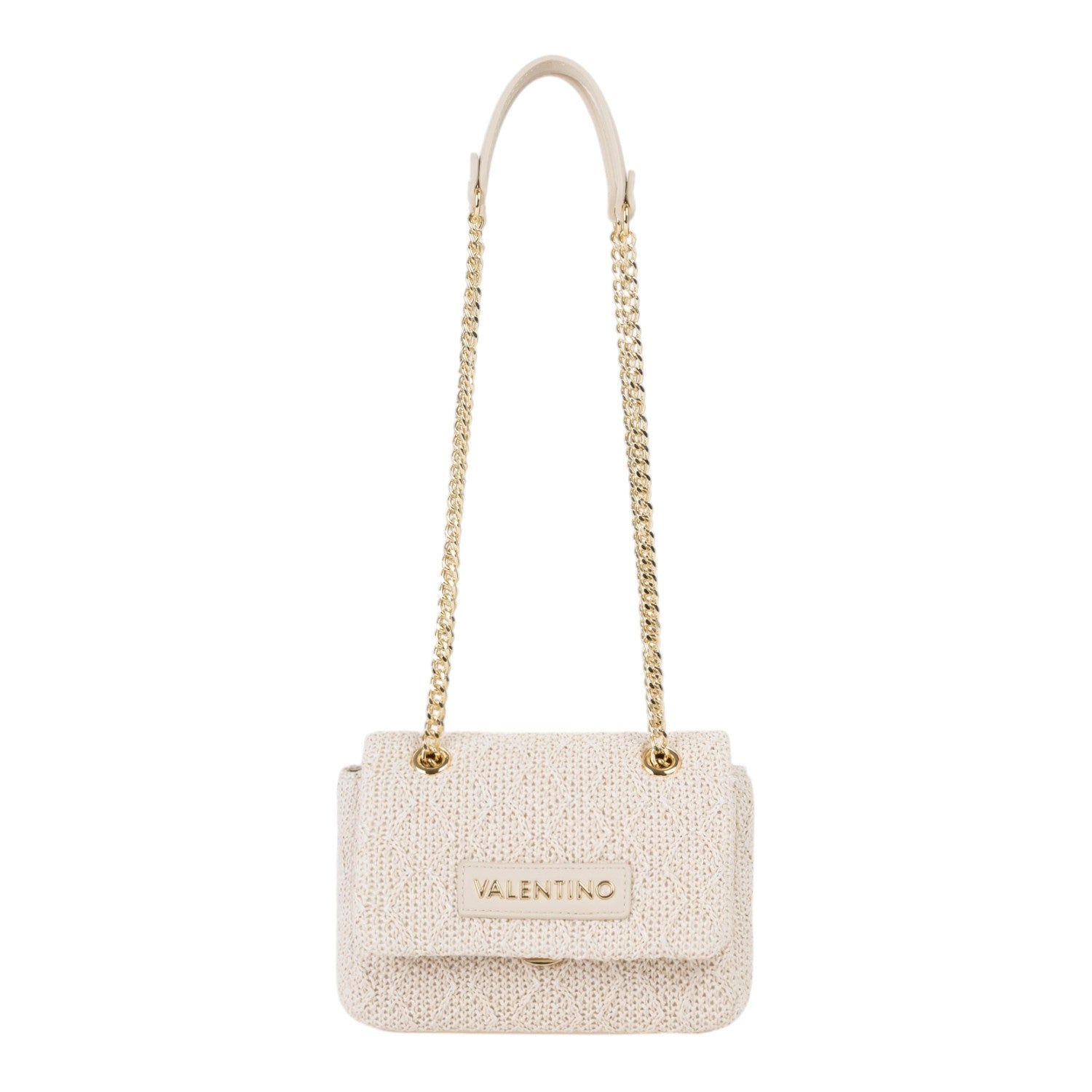 Lieblingstasche Ocarina flap bag in cream woven material with gold chain strap and leather trim.