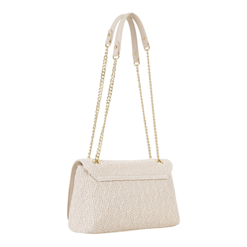 Lieblingstasche Ocarina flap bag in cream woven material with gold chain strap and top handles.