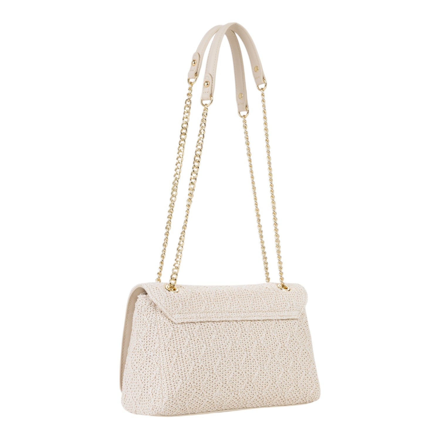 Lieblingstasche Ocarina flap bag in cream woven material with gold chain strap and top handles.