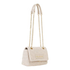 Lieblingstasche Ocarina flap bag in cream woven material with gold chain strap and top handle.