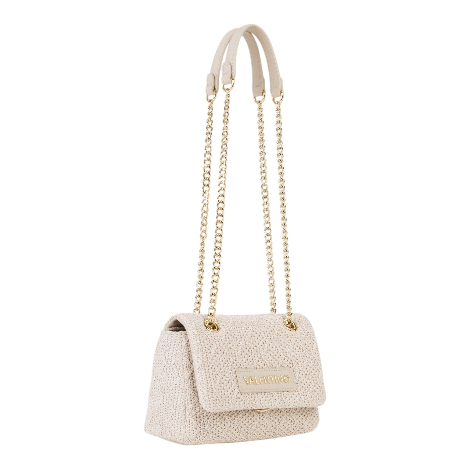 Lieblingstasche Ocarina flap bag in cream woven material with gold chain strap and top handle.