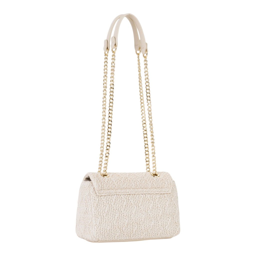 Lieblingstasche Ocarina flap bag in cream woven material with gold chain strap and leather accents.