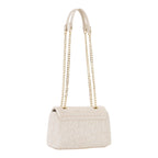 Lieblingstasche Ocarina flap bag in cream woven material with gold chain strap and leather accents.