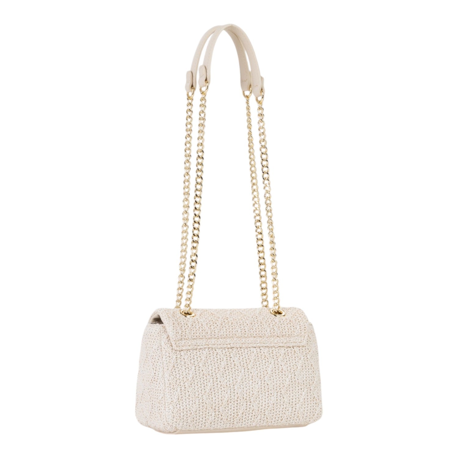Lieblingstasche Ocarina flap bag in cream woven material with gold chain strap and leather accents.