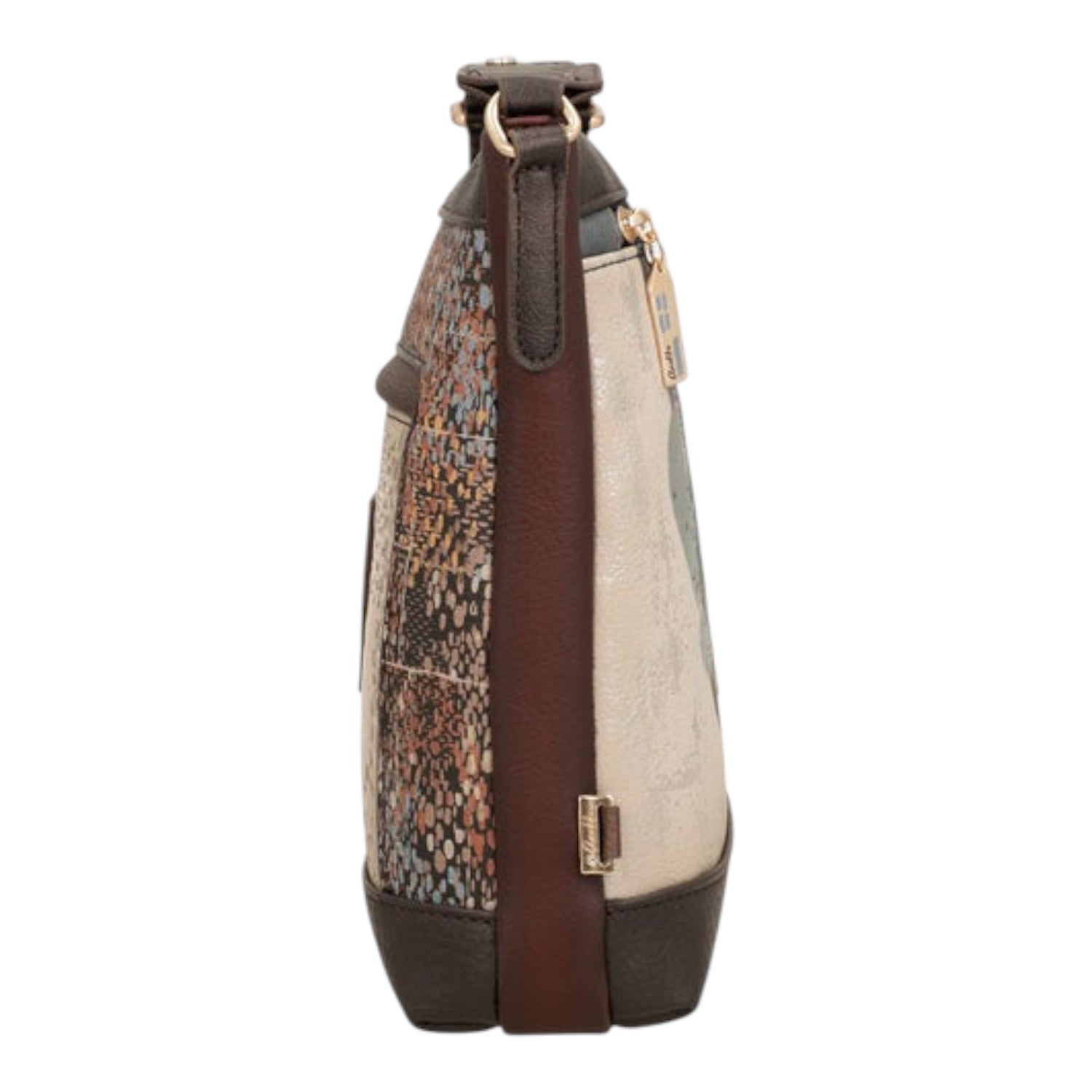 Lieblingstasche cross-body bag in a side view featuring a multi-colored patterned panel and dark brown leather trim.