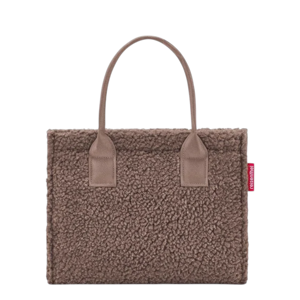 Lieblingstasche Daily Shopper XS in brown teddy fleece with matching leather-look handles and a structured design.