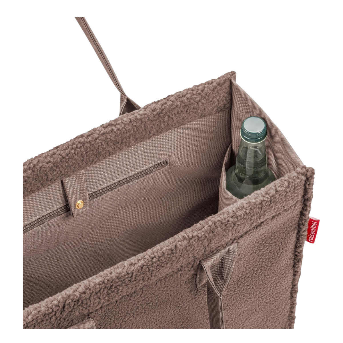 Lieblingstasche Daily Shopper tote bag in brown teddy fleece material with interior bottle holder and zipper pocket