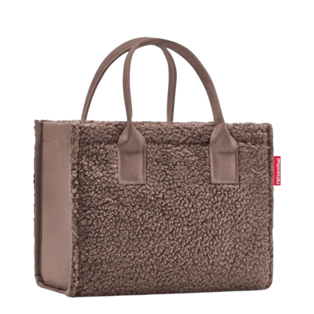 Lieblingstasche Daily Shopper XS in brown faux shearling with sturdy handles and a compact rectangular silhouette.