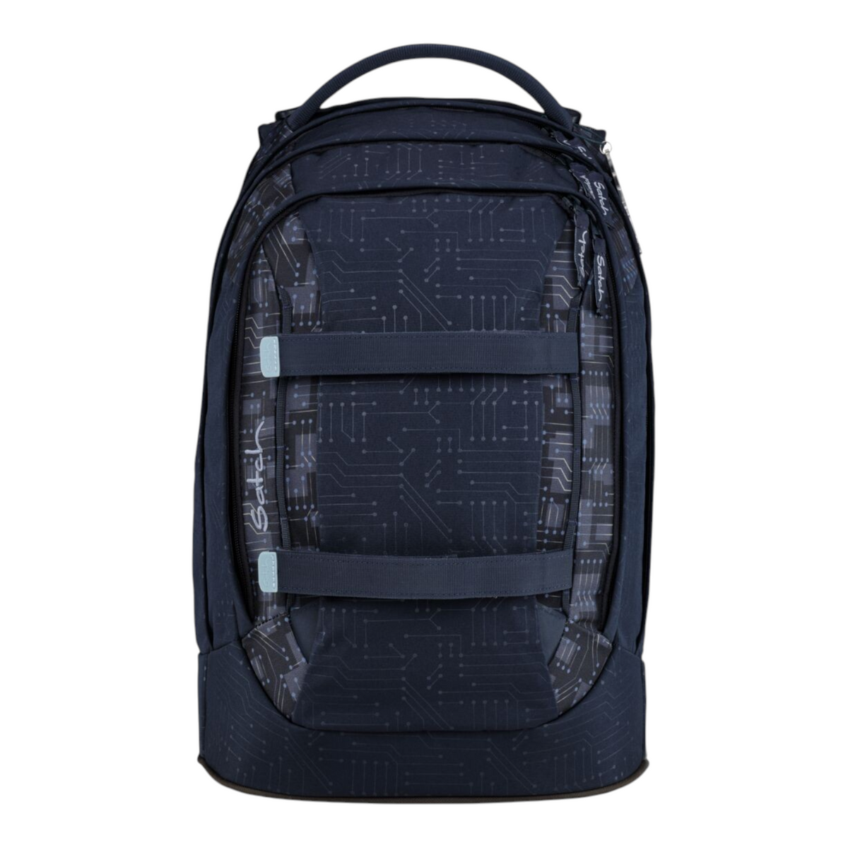 Lieblingstasche dark blue school backpack with a subtle circuit board pattern and front compression straps