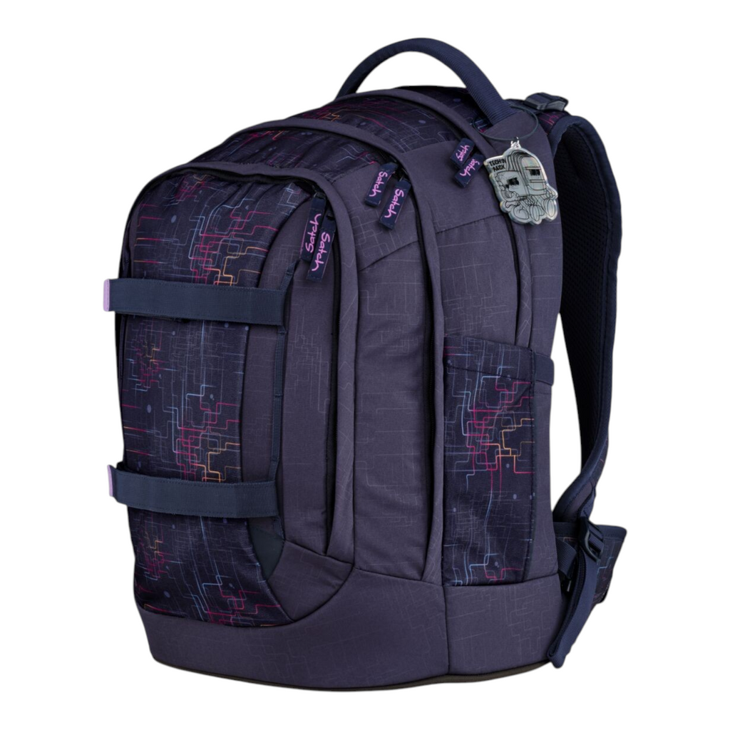 Lieblingstasche school backpack in dark blue with a geometric grid pattern and purple accents on a white background