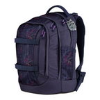 Lieblingstasche school backpack in dark blue with a geometric grid pattern and purple accents on a white background