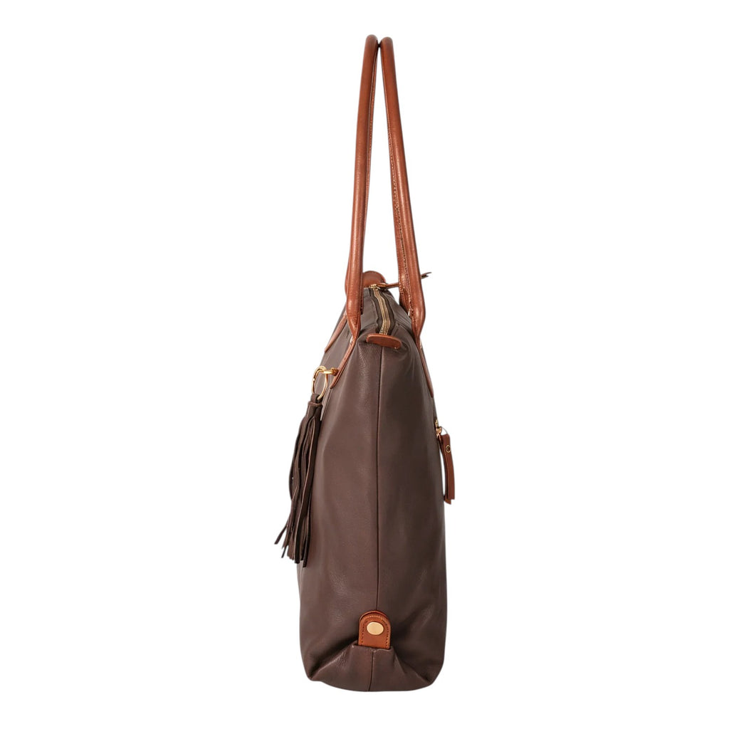 Lieblingstasche Lucia L dark brown leather tote bag with tan straps and tassel detail