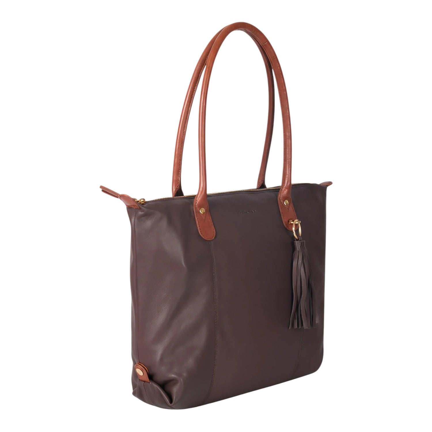 Lieblingstasche Lucia L dark brown leather tote bag with tan leather straps and tassel detail.