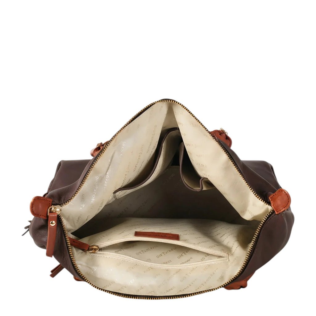 Lieblingstasche Lucia L dark brown leather tote bag with tan accents, open to show interior pockets and lining.