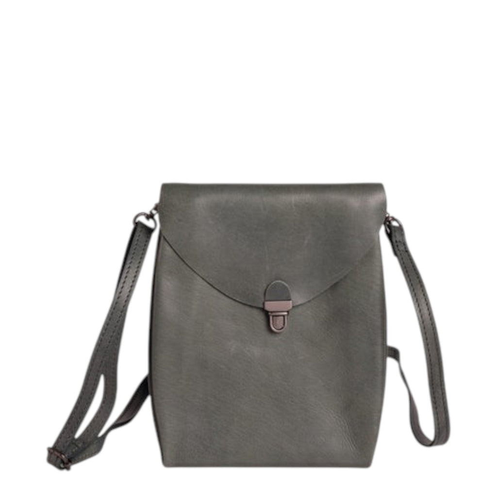 Lieblingstasche dark grey leather fold-over flap handbag with metal clasp and adjustable strap.