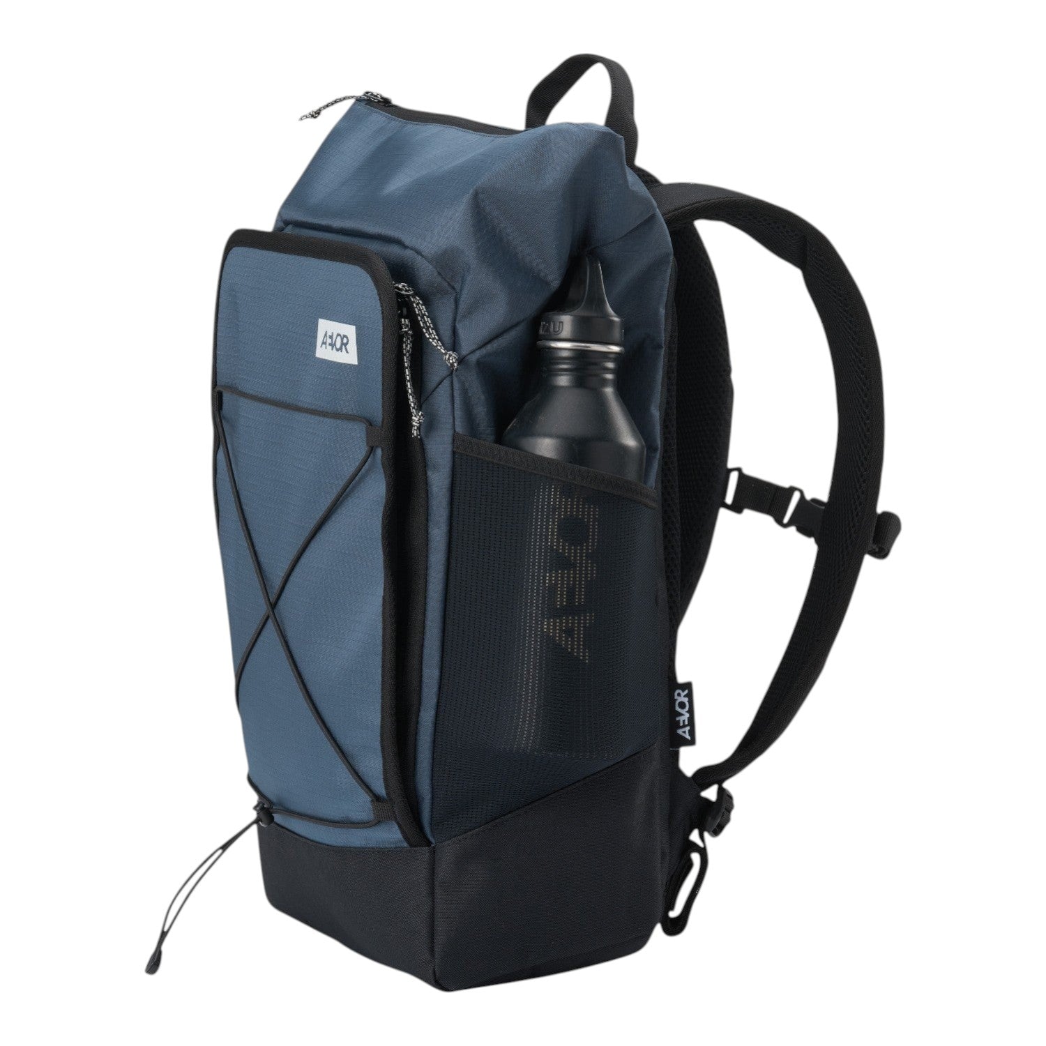 Lieblingstasche Day Pack FLX in blue with black accents, featuring a side mesh pocket and front bungee cord system.