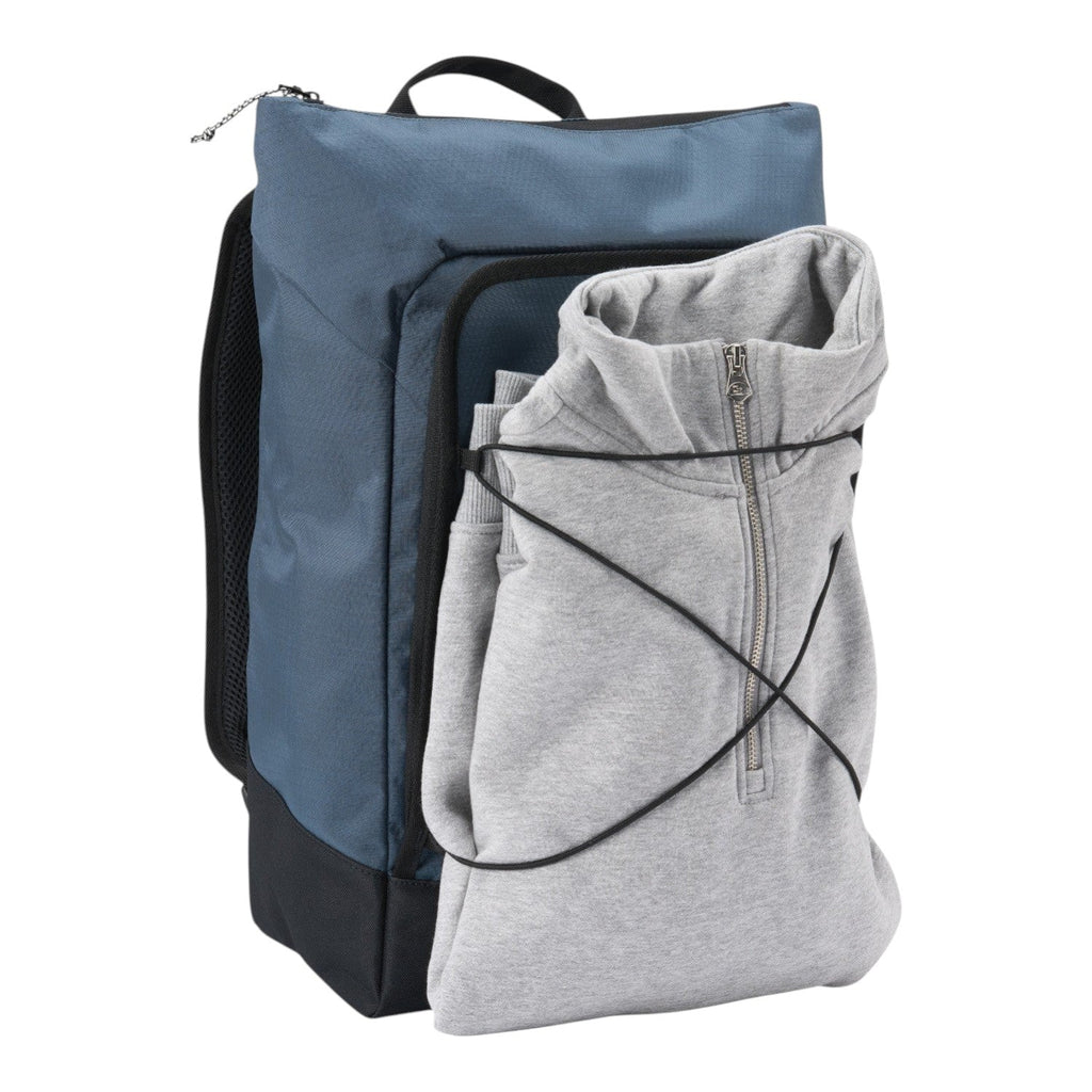 Lieblingstasche Day Pack FLX in blue with a black base, featuring an external bungee cord holding a grey hoodie.