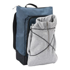 Lieblingstasche Day Pack FLX in blue with a black base, featuring an external bungee cord holding a grey hoodie.