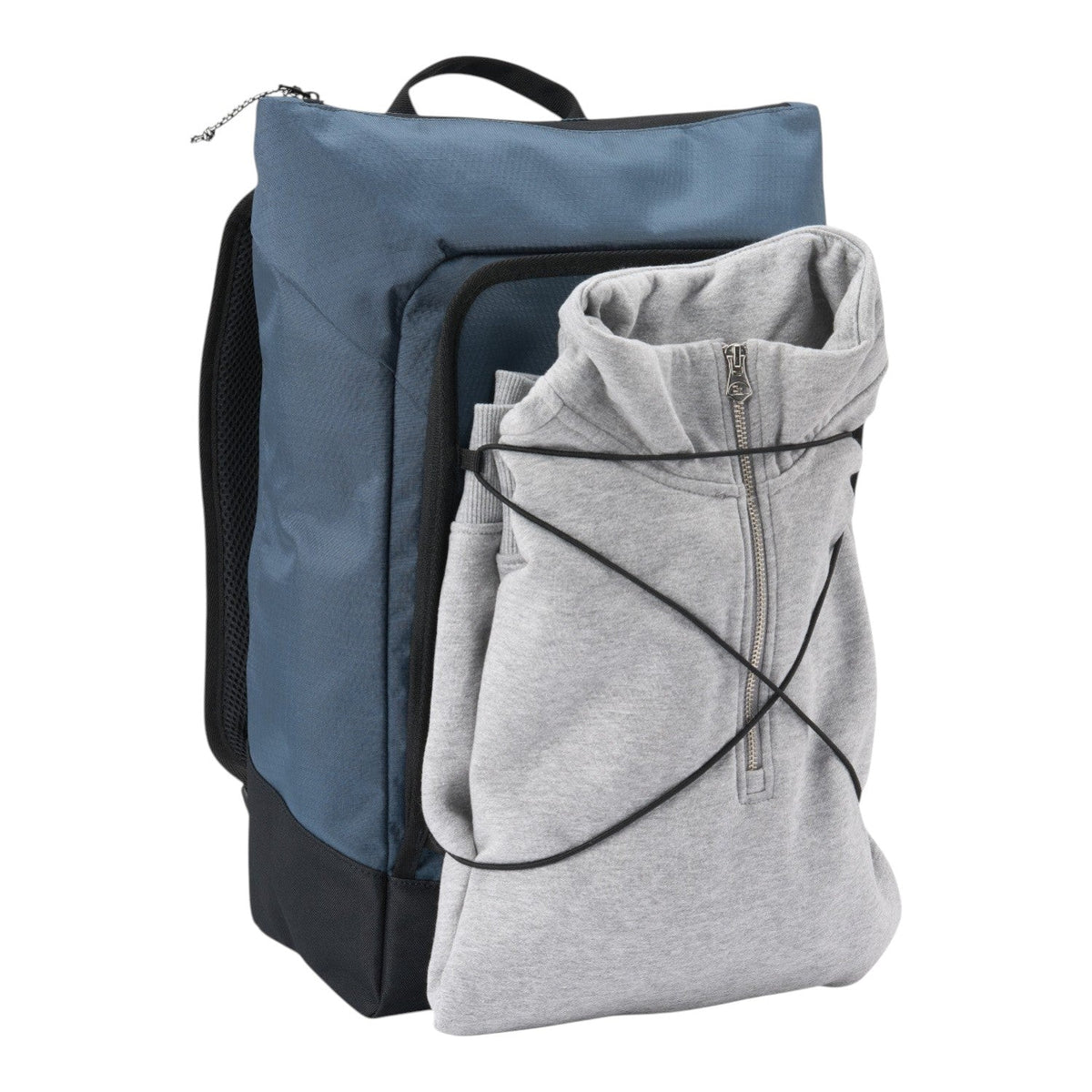 Lieblingstasche Day Pack FLX in blue with a black base, featuring an external bungee cord holding a grey hoodie.