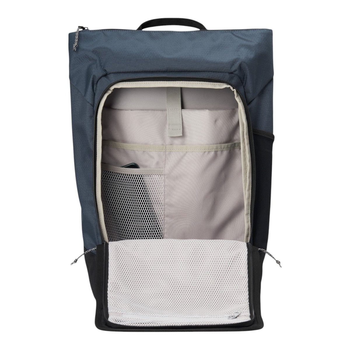 Lieblingstasche Day Pack FLX in navy blue with open main compartment showing internal laptop sleeve and mesh pockets