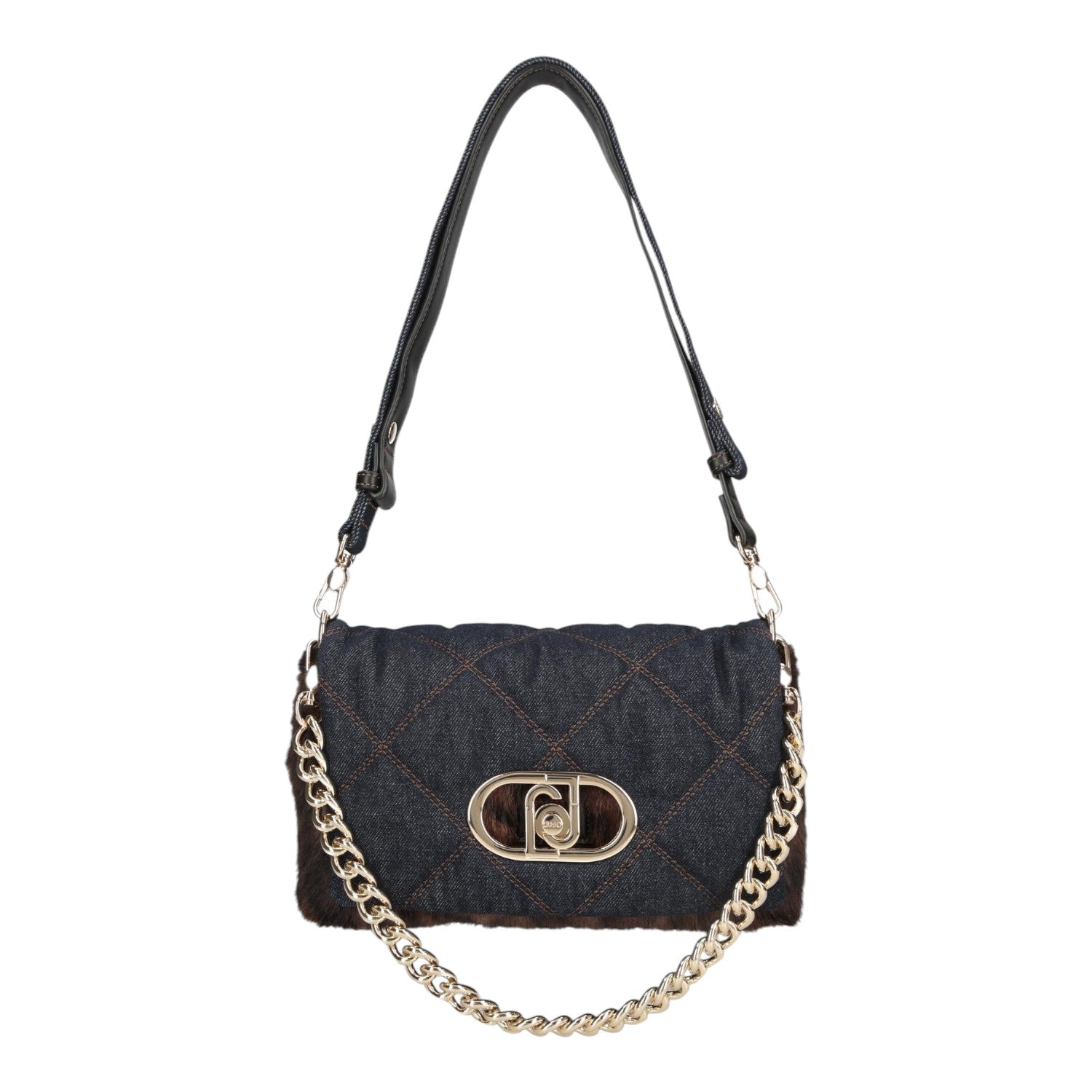 Lieblingstasche Crossbody M bag in dark denim with quilted pattern, faux fur trim, and gold-tone chain strap.