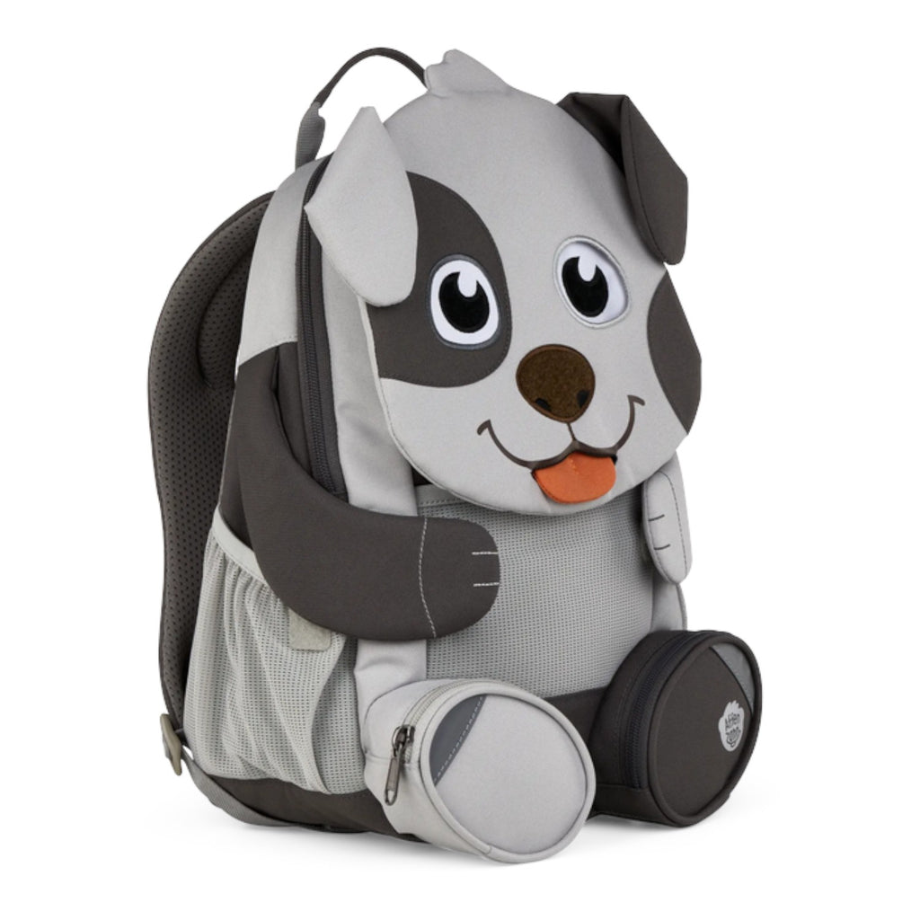 Lieblingstasche grey and dark grey dog-shaped backpack with mesh side pockets and a small zippered pouch.