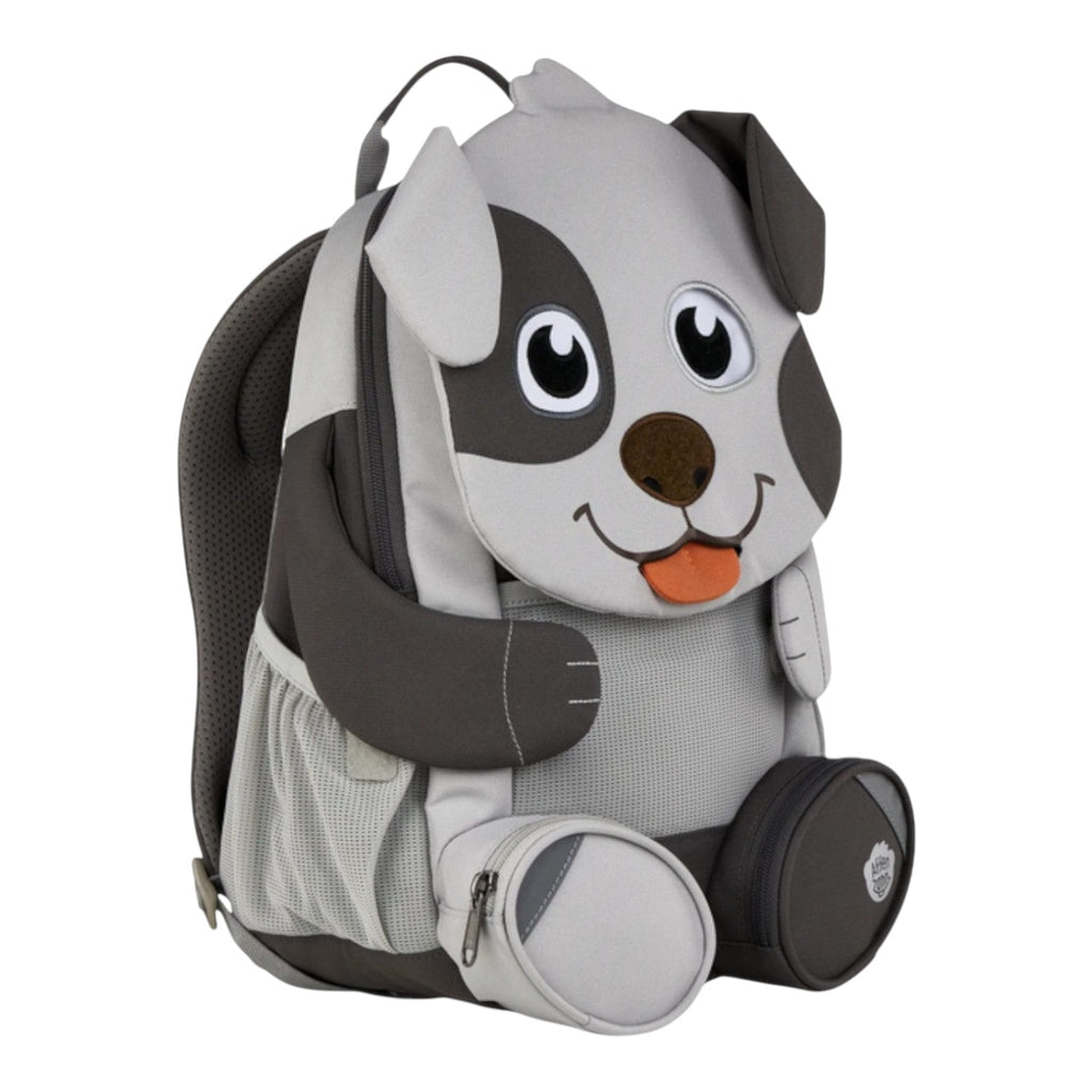 Lieblingstasche grey and dark grey dog-shaped backpack with mesh side pockets and a small zippered pouch.