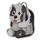 Lieblingstasche grey and dark grey dog-shaped backpack with embroidered eyes and orange tongue detail.