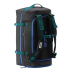 Lieblingstasche Duffel Pack in black with teal and blue accents, featuring ergonomic backpack straps and side pockets.