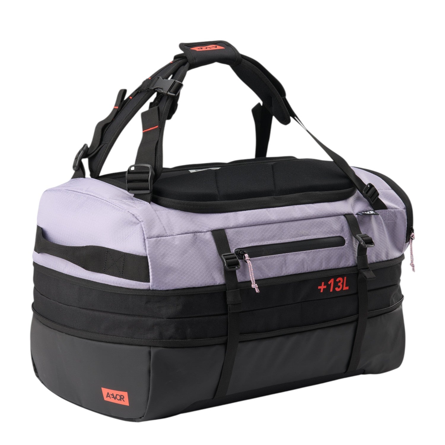Lieblingstasche Duffel Pack in light purple and black with adjustable straps and expandable 13L capacity feature