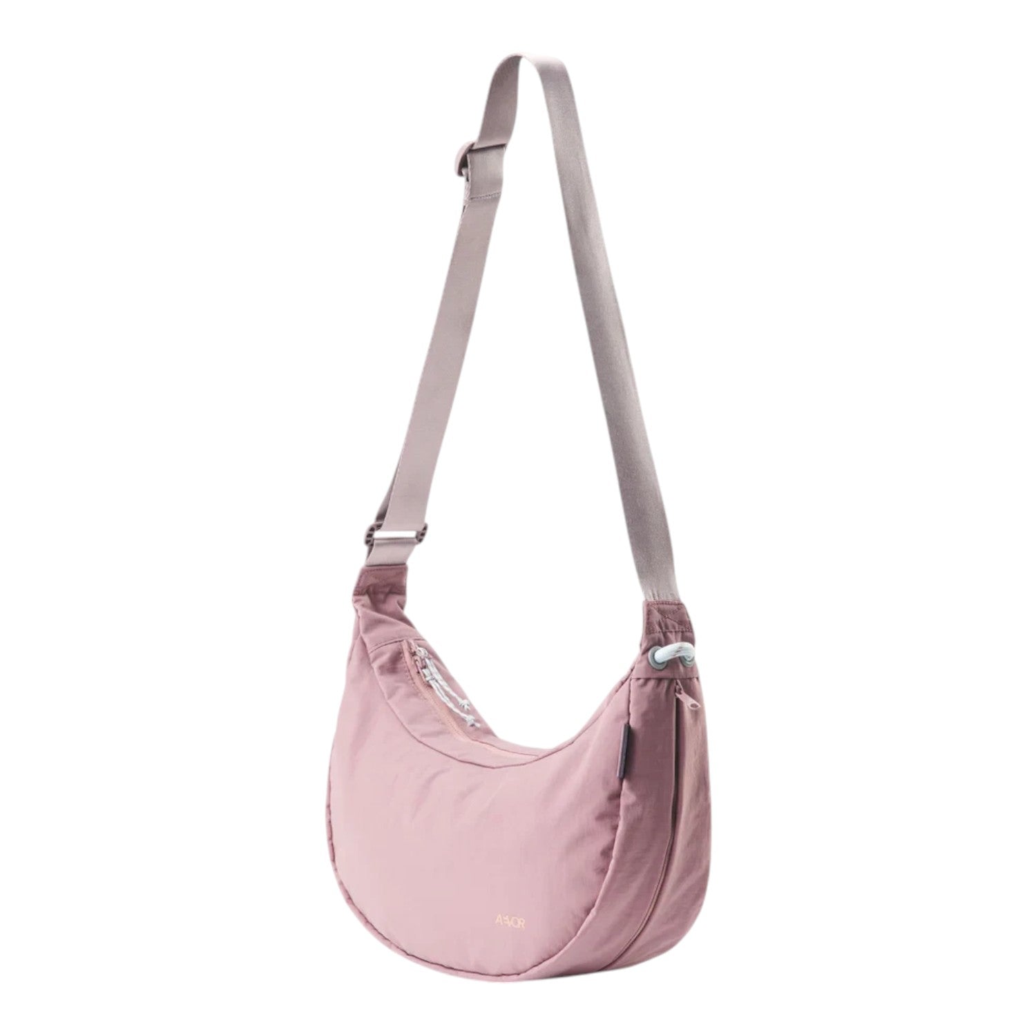 Lieblingstasche dusty pink crescent-shaped nylon sling bag with an adjustable shoulder strap