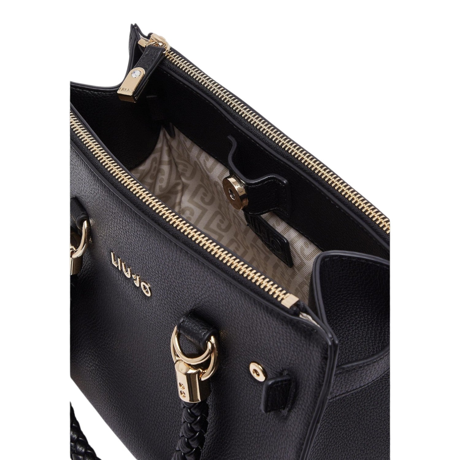 Lieblingstasche ECS Satchel S in black with gold hardware, zipper closure, and branded interior lining.
