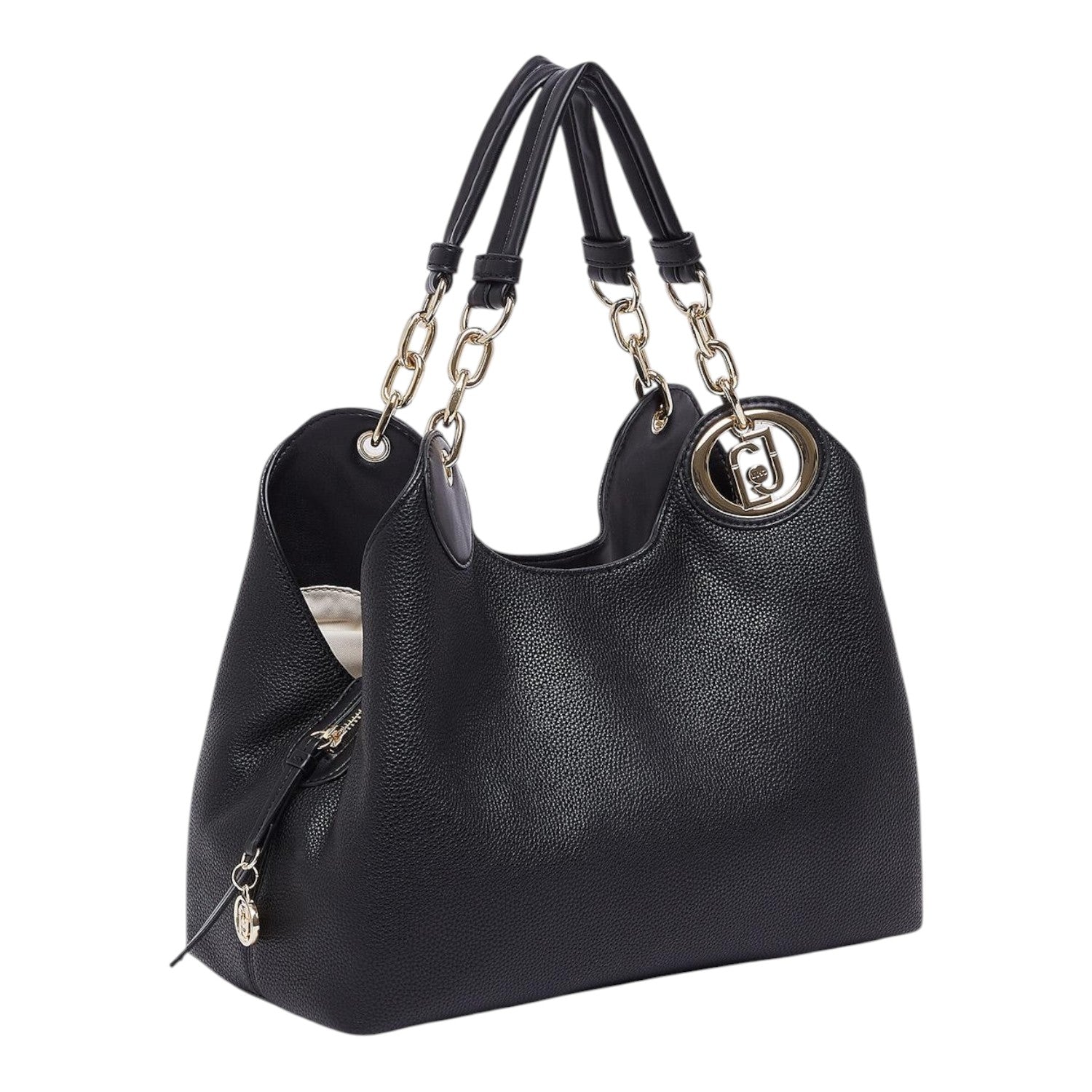 Lieblingstasche ECS Satchel M in black pebbled faux leather with gold chain handles and logo charm