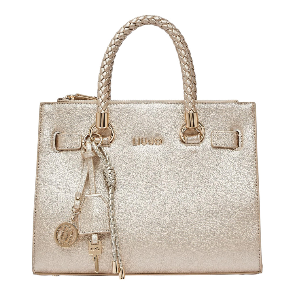 Lieblingstasche ECS Satchel S in metallic gold with a braided top handle and decorative logo charm
