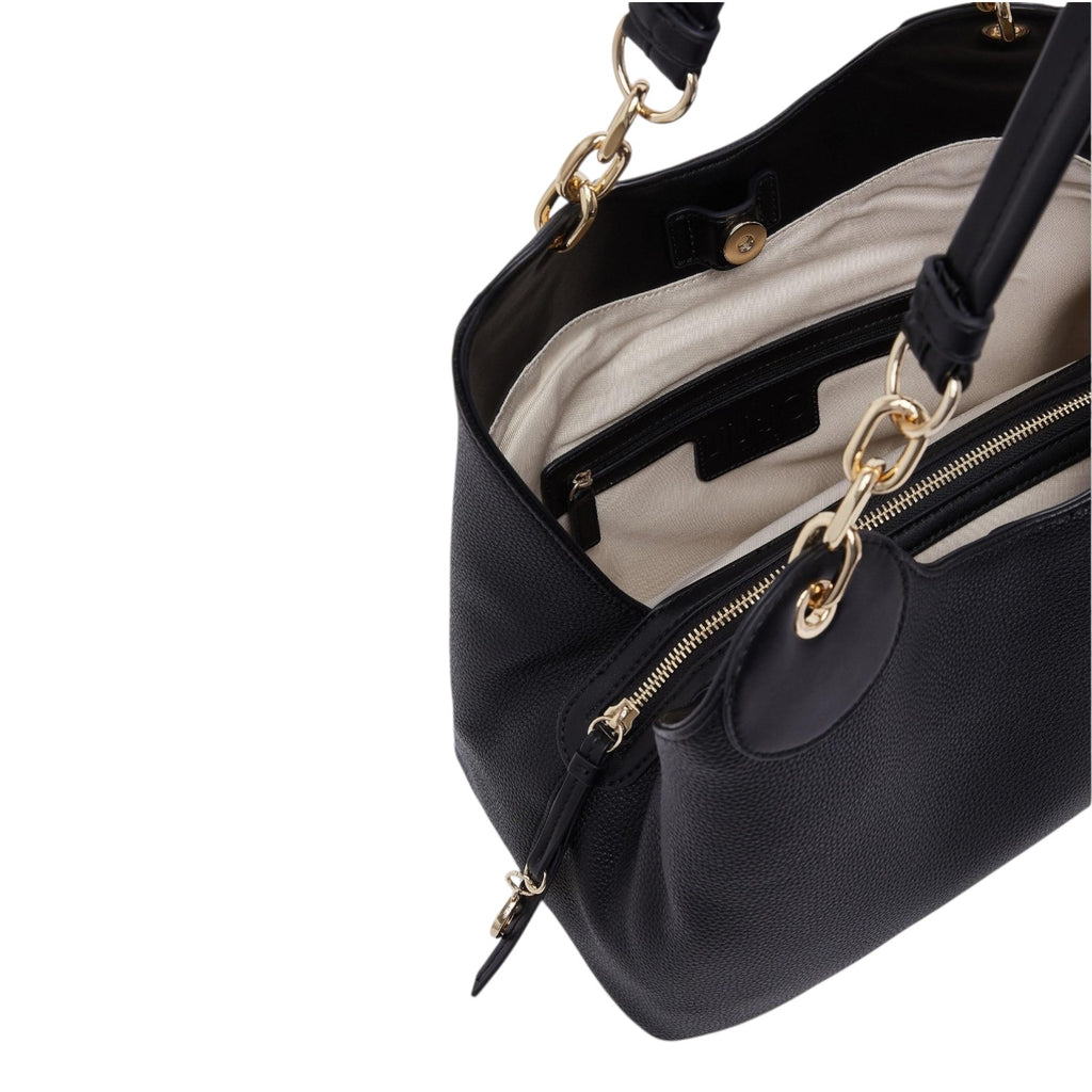 Lieblingstasche ECS Satchel M in black pebbled faux leather with gold chain strap and beige fabric interior lining