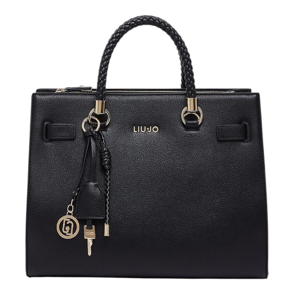 Lieblingstasche ECS Tote M in black faux leather with braided handles, gold-tone hardware, and decorative charms.