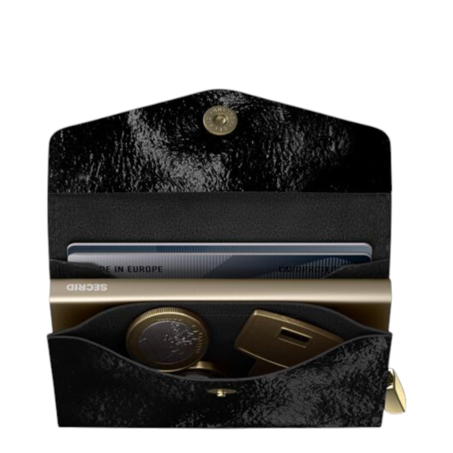 Lieblingstasche Envelope Premium Naplak black patent leather wallet with gold snap button and card holder interior