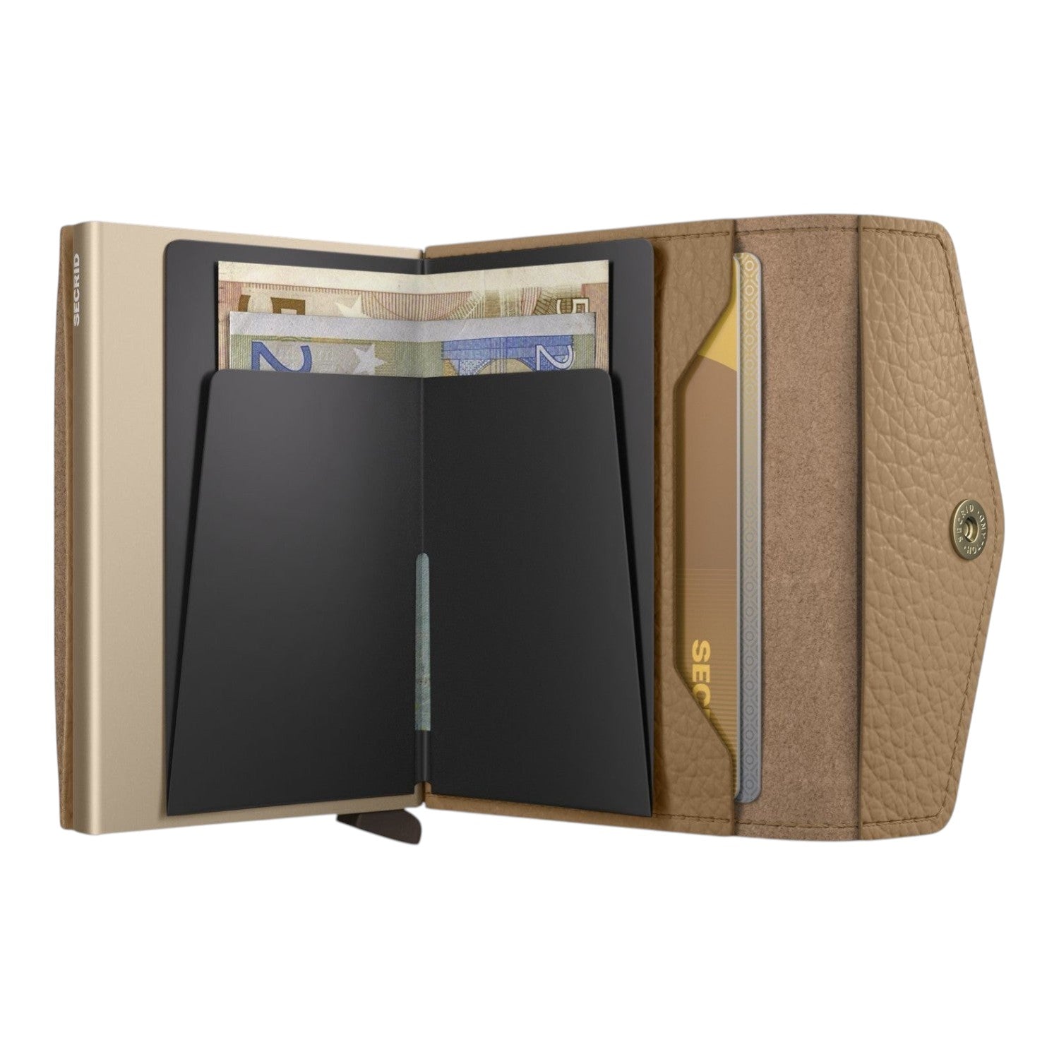 Lieblingstasche Envelope Pebble wallet in beige textured leather with gold metal card protector and open interior