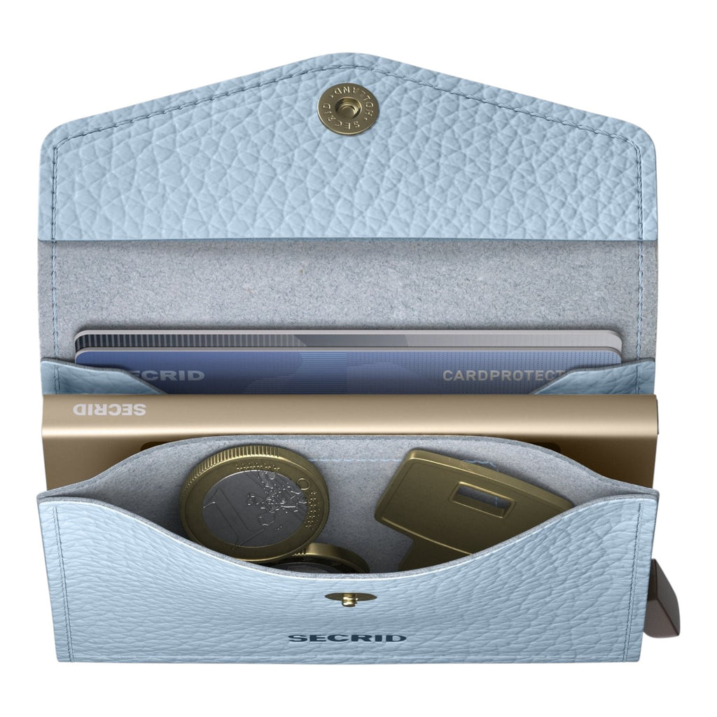 Lieblingstasche Envelope Pebble light blue leather wallet with open flap, card holder, and coin compartment