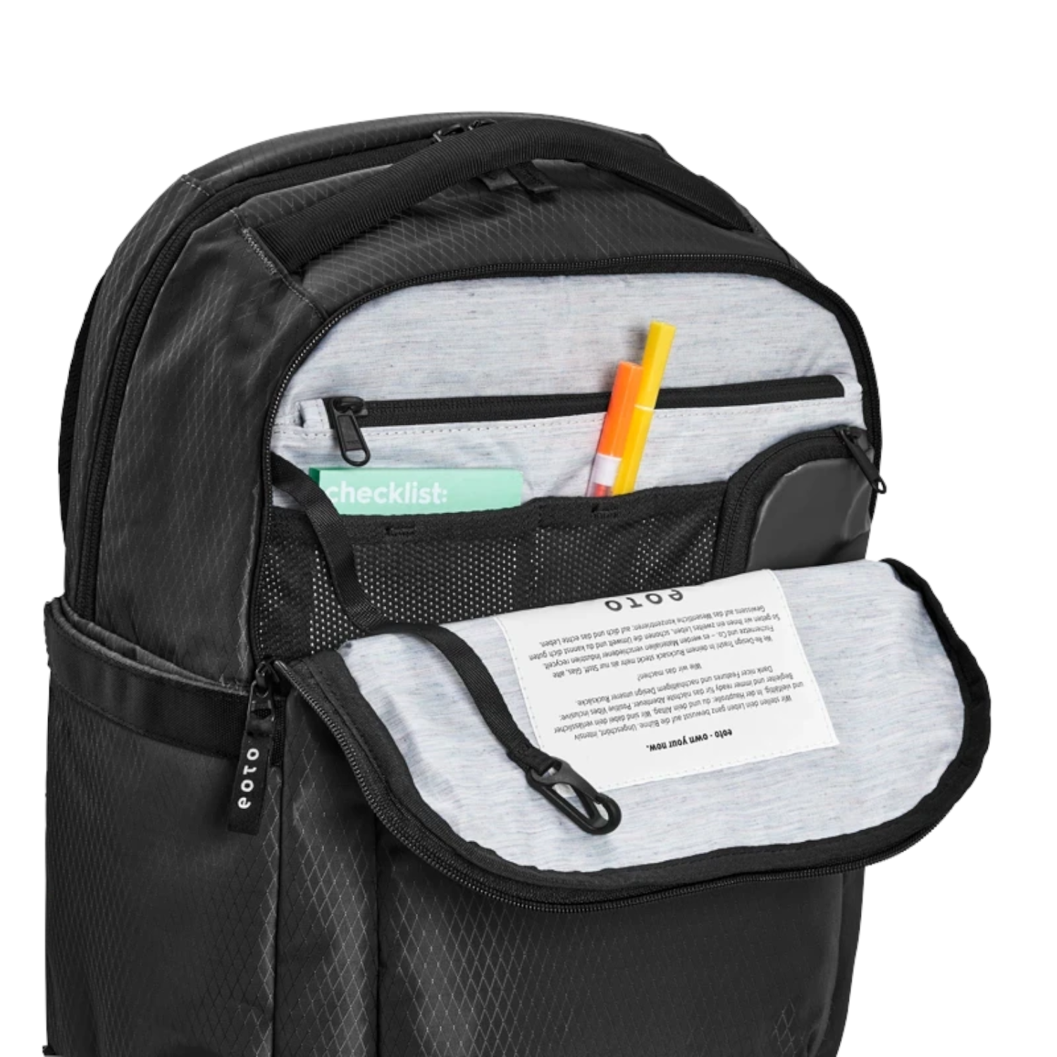 Lieblingstasche eoto Midi20 black city backpack with open front organizer compartment and recycled material details