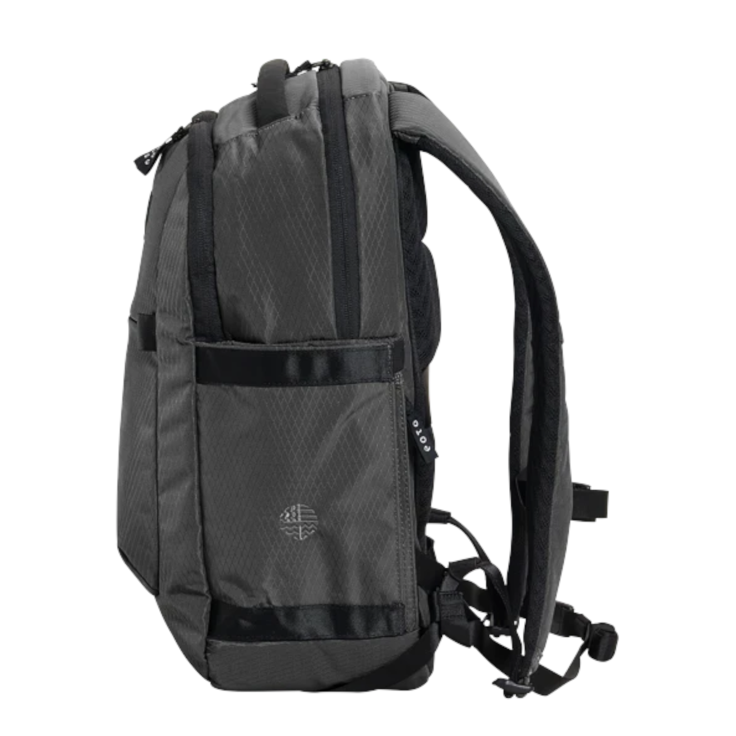 Lieblingstasche eoto Midi20 grey city backpack with side view, featuring recycled material and padded shoulder straps.