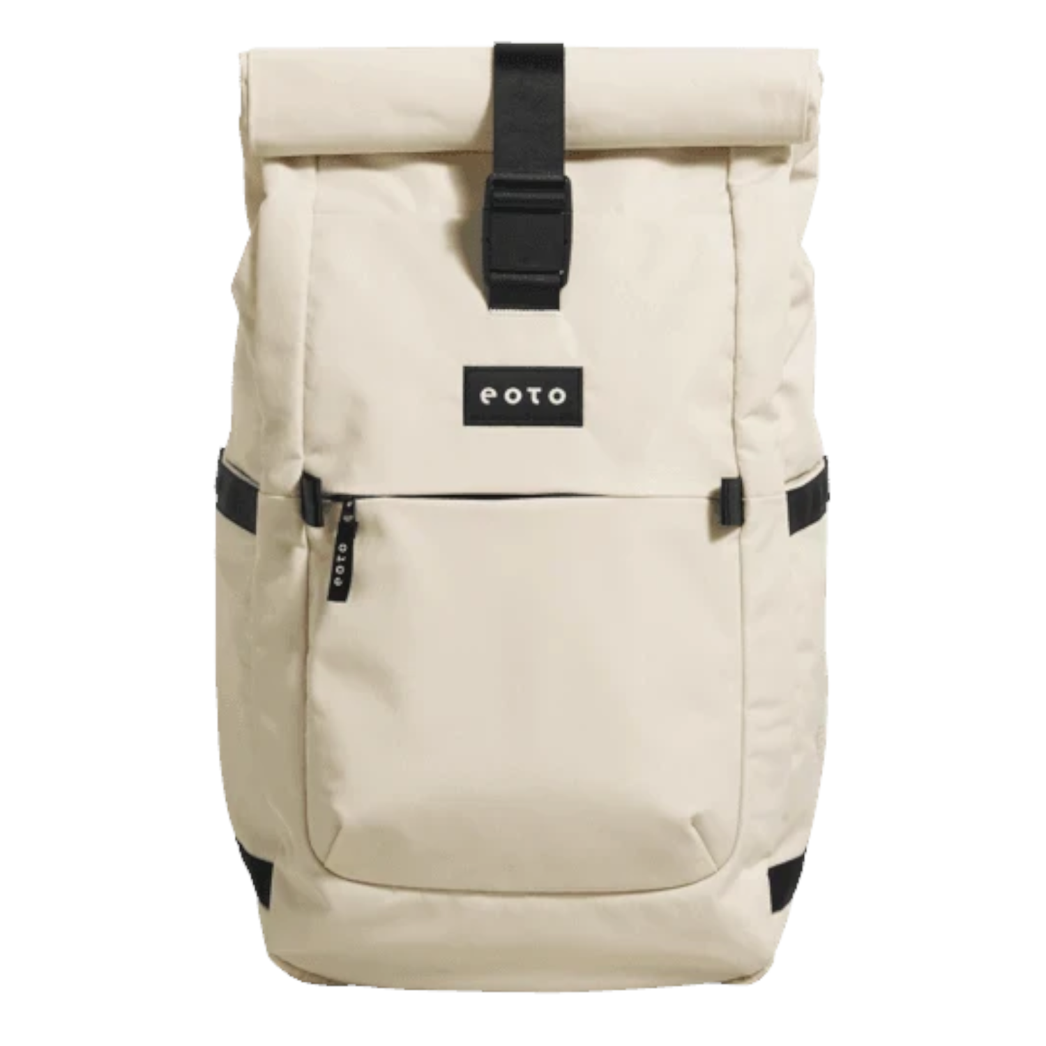 Lieblingstasche eoto Rolly32 beige rolltop backpack with black straps and front pocket for travel and daily use