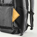 Lieblingstasche eoto Rolly32 grey rolltop backpack with a yellow wallet in the side pocket and breathable back panel