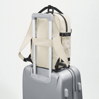 Lieblingstasche eoto Small16 beige daypack attached to a silver suitcase handle for travel