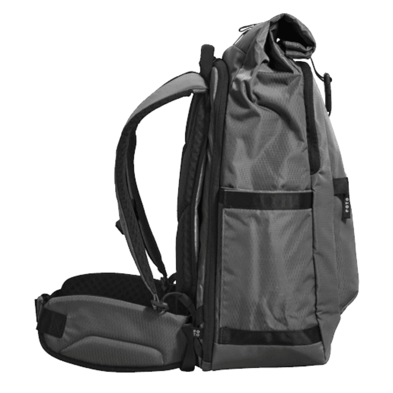 Lieblingstasche eoto Tall41 grey rolltop travel backpack with padded hip belt and side view