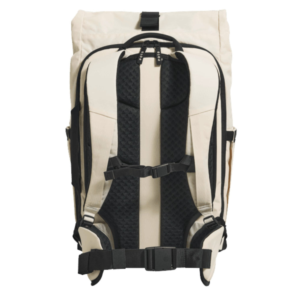 Lieblingstasche eoto Tall41 rolltop travel backpack in beige with padded shoulder straps and chest belt, back view