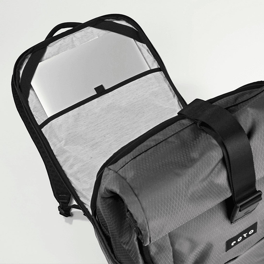 Lieblingstasche eoto Tall41 grey rolltop travel backpack with open main compartment and padded laptop sleeve