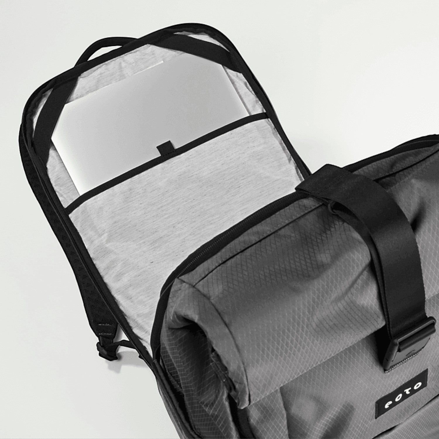 Lieblingstasche eoto Tall41 grey rolltop travel backpack with open main compartment and padded laptop sleeve